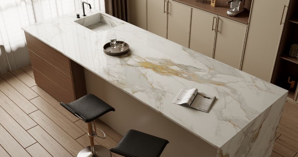 Encimera porcelánica Calacatta: estética premium con cero mantenimiento